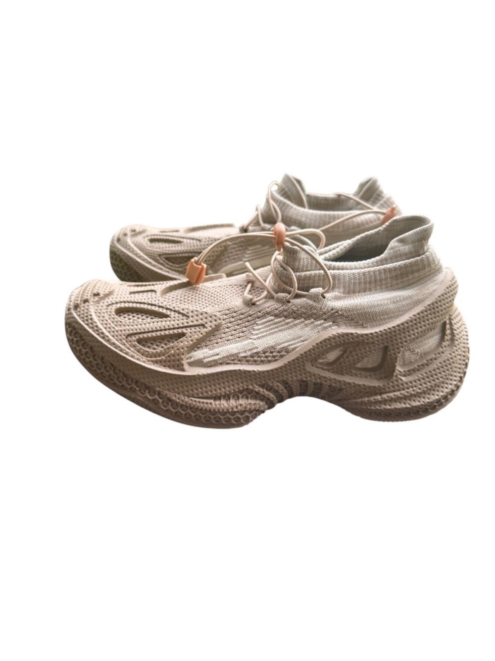NEW Beige Knit Slip-On Sneakers Elastic Bungee Lace Comfort Walking Shoes